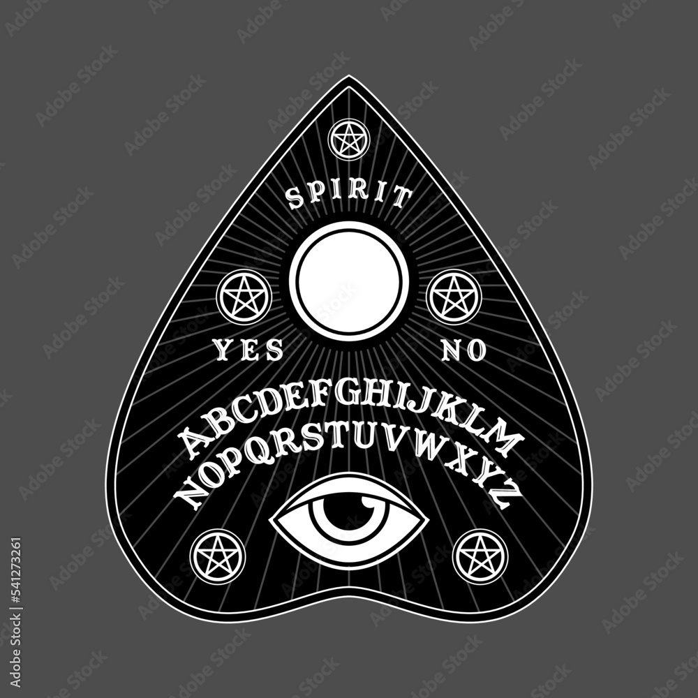 Ouija Board in Pointer shape for halloween party. Planchette play for calling souls and demons. Ghosts and demons calling game with gothic typography. Black and white symbols of moon ,sun, texts.