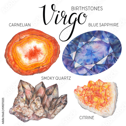 Virgo birthstones set. Watercolor zodiac stones, healing crystals, birthday talismans. Carnelian Sapphire Smoky Quartz Citrine gemstones isolated on white background. Hand painted gems