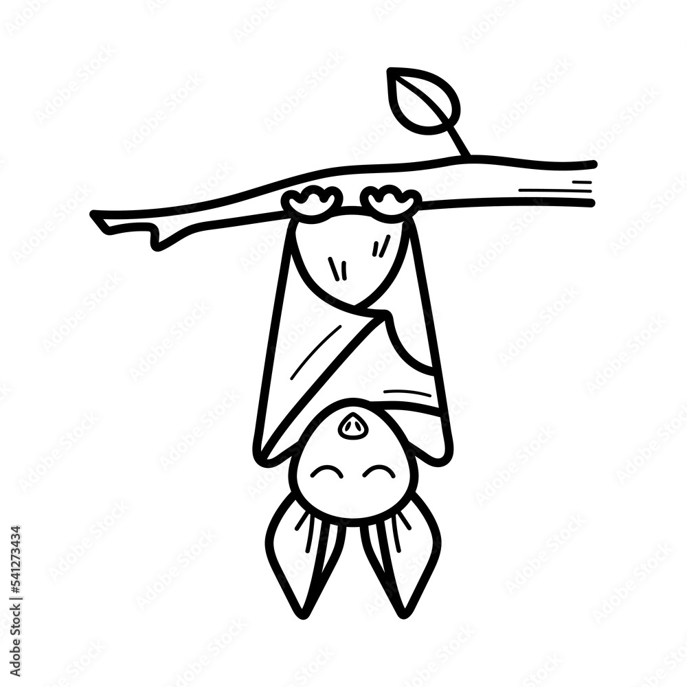 Cute bat hanging upside down on tree branch. Halloween element. Hand