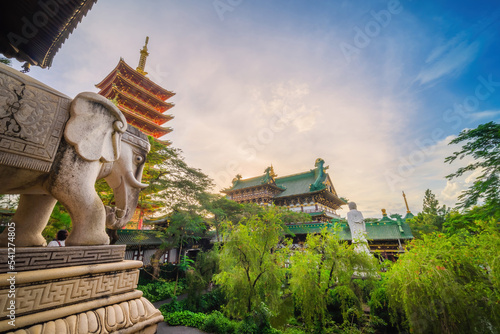 view of Minh Thanh pagoda, a majestic Buddhist architectural structure in Pleiku city, Gia Lai province, Vietnam, text in photo mean peace, compassion, forgiveness. Travel concept photo