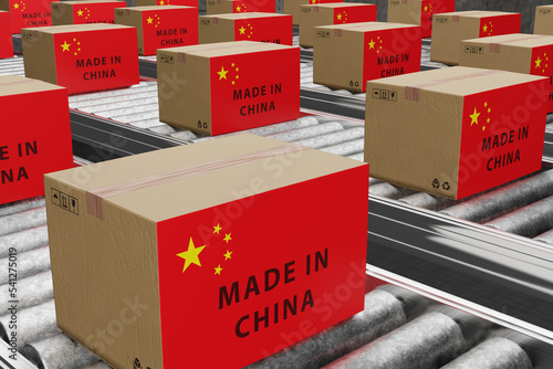 Canvas Print Conveyor belt carrying carton boxes printed with the national flag of China in a factory