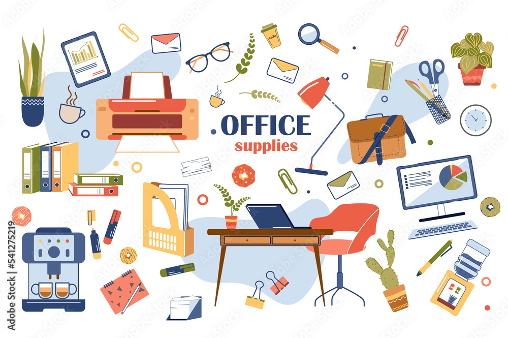Office supplies concept isolated elements set. Collection of desk, computer or laptop, printer, coffee machine, cooler, documents in folders and other. Illustration in flat cartoon design Office supplies concept isolated elements set. Collection of desk, computer or laptop, printer, coffee machine, cooler, documents in folders and other. Illustration in flat cartoon design