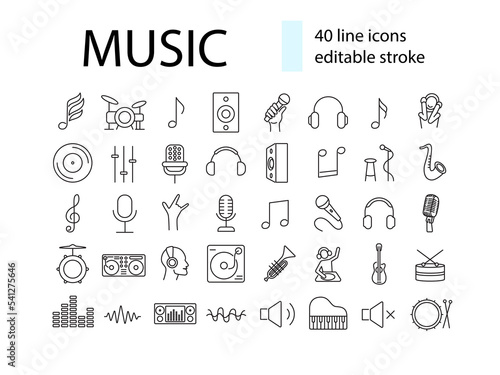 Music outline icons collection. Concert item. Headphone, microphone and dj. Musical store. Isolated vector illustration