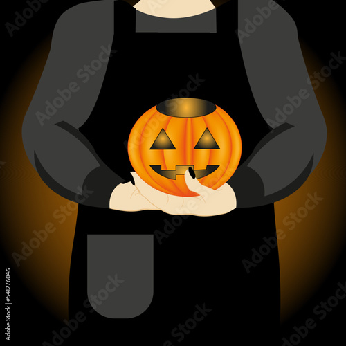 Halloween witch with a jack o lantern in the hand on blood background. Creative scary halloween concept. Horror banner for halloween party. 