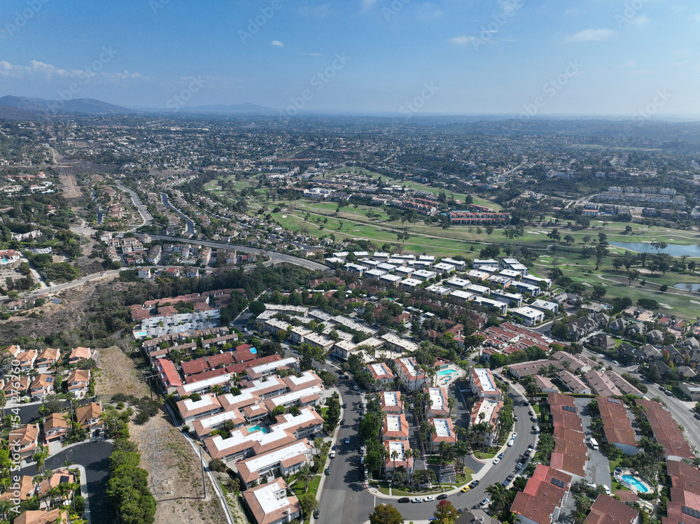 Aerial view of middle class neighborhood in Carlsbad, North County San Diego, California, USA.