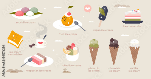 Ice cream set with various dessert types from waffle to cake tiny person concept. Collection with refreshing and frozen sandwiches, mochi, neapolian, rolled and fried elements vector illustration.