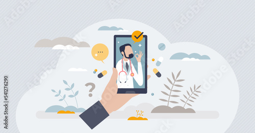 Professional doctor service with distant assistance tiny person concept. Phone app or video call to medical specialist for distance help and patient diagnostics vector illustration. Online healthcare.