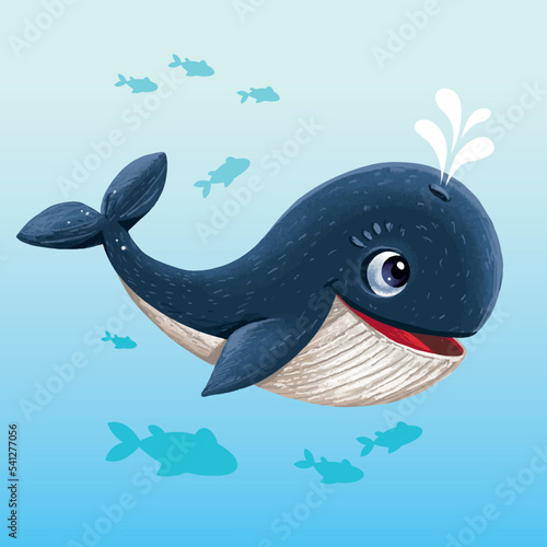 Cute whale in underwater world cartoon, vector cartoon illustration, cartoon clipart