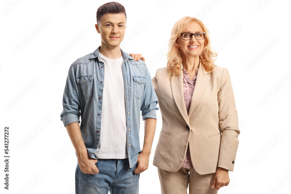 Fototapeta premium Cheerful mother and son posing and smiling at camera