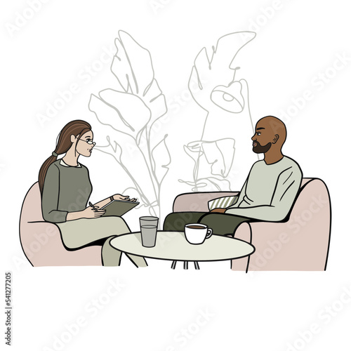 Psychotherapy session. African american man talking to psychologist. Mental health  vector illustration in a trendy flat style. Menthal disorders