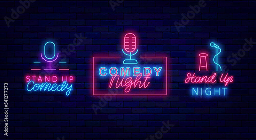 Stand up comedy neon signboards collection. Comedy night label. Comic show. Vector stock illustration