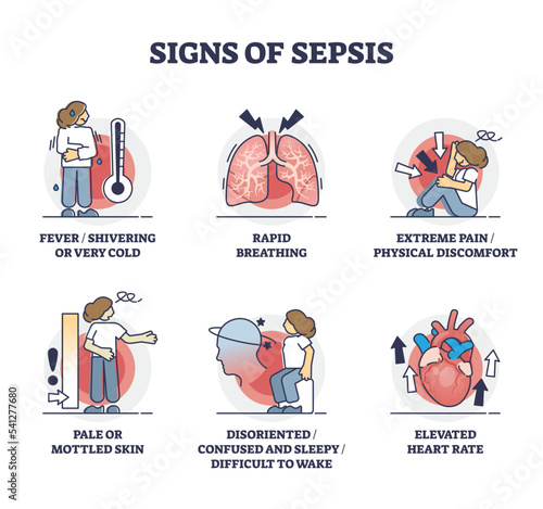 Signs of sepsis as infection blood poisoning symptoms outline collection. Labeled educational scheme with condition after heavy injury and bacterial illness vector illustration. Medical condition set. photo
