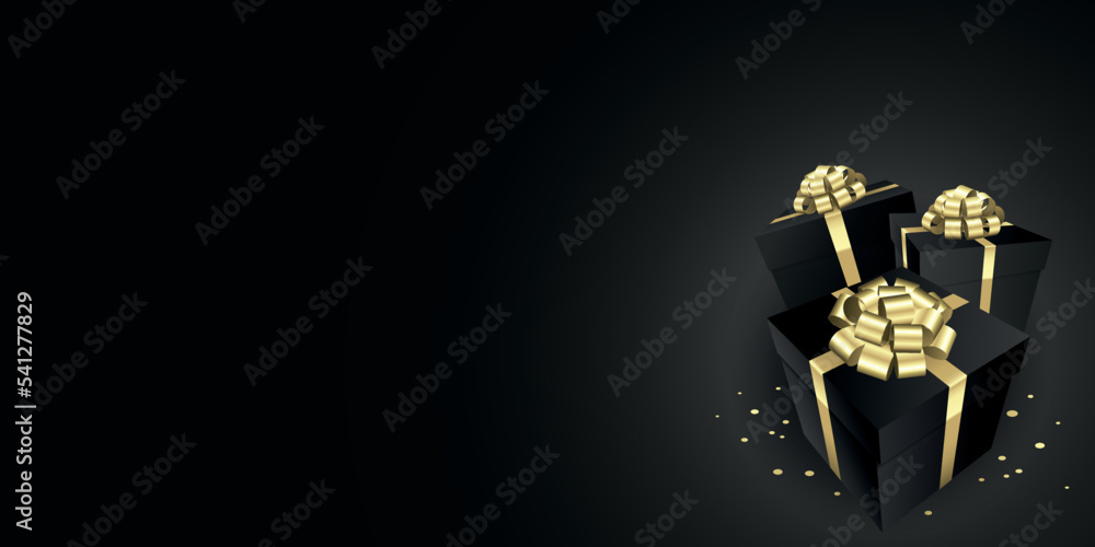 Black Gift boxes with a gold bow design banner - Christmas and birthday present background