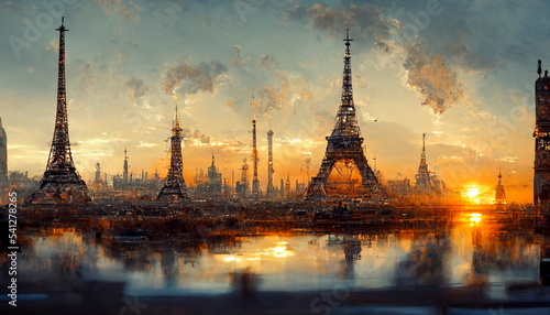 Paris skyline panorama at sunset with Eiffel Tower France. Digital art and Concept digital illustration.