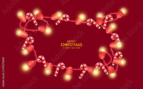 Christmas festive background with light garland and candy canes. Realistic 3D lighting garland as frame. Light bulbs glowing on the red backdrop