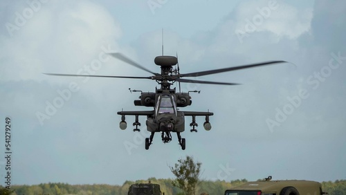 close-up head-on view of ZM707 British army Boeing Apache Attack helicopter gunship AH2 AH64E AH-64E ArmyAirCorp AAC taking off 