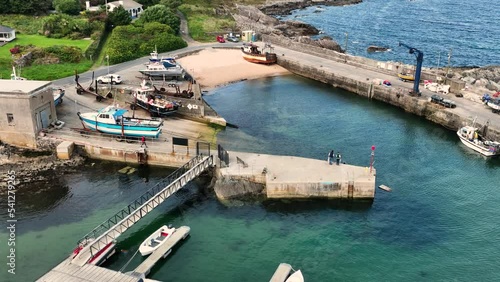 Aerial Video of Bunagee Pier Culdaff Sandy Beach Strand on the Co Donegal Coast Ireland  photo