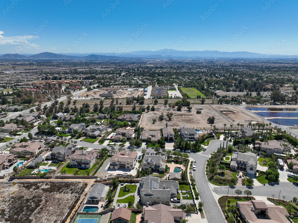 Aerial view of Rancho Cucamonga, located south of the foothills of the San Gabriel Mountains and Angeles National Forest in San Bernardino County, California, United States.