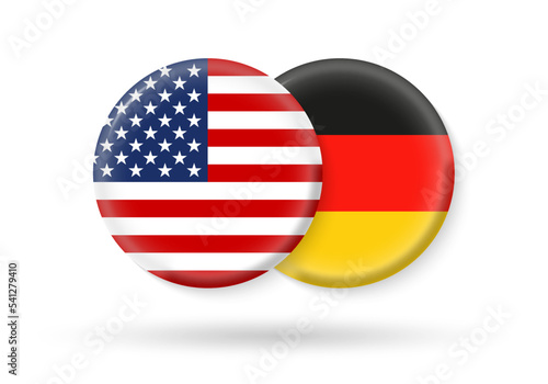 USA and Germany flags. 3d icon. Round American and German national symbols. Vector illustration.