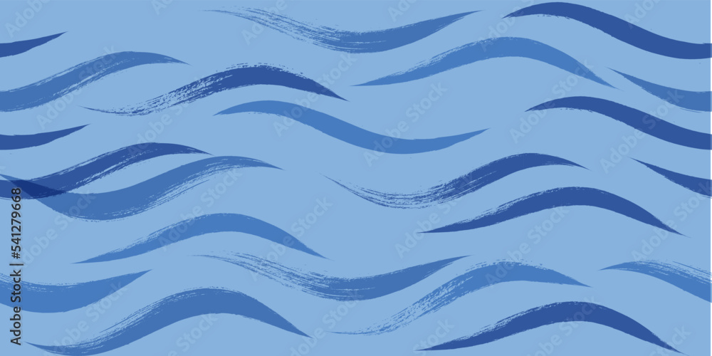 Seamless Wave Pattern, Blue wavy brush stroke. Hand drawn water sea