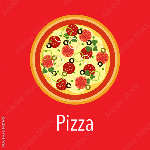 A large pizza on a bright red background.