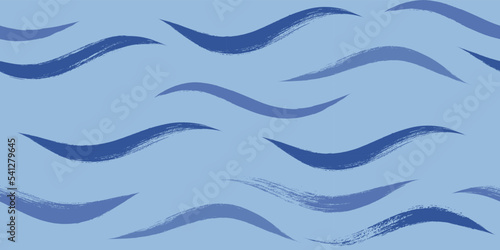 Seamless Wave Pattern, Blue wavy brush stroke. Hand drawn water sea vector background. curly paint lines, watercolor illustration