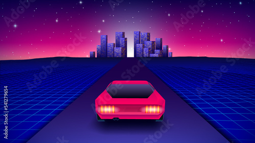Neon car in 80s synthwave style racing to the city. Retrowave auto illustration with shiny neon car on the grid landscape road in 90s arcade game style.