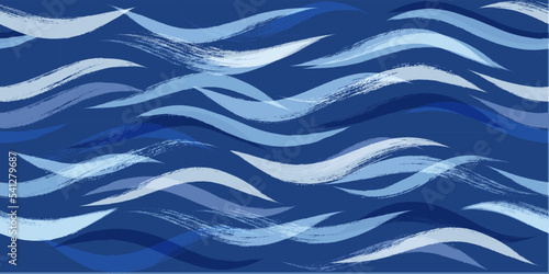 Seamless Wave Pattern, Blue wavy brush stroke. Hand drawn water sea vector background. curly paint lines, watercolor illustration