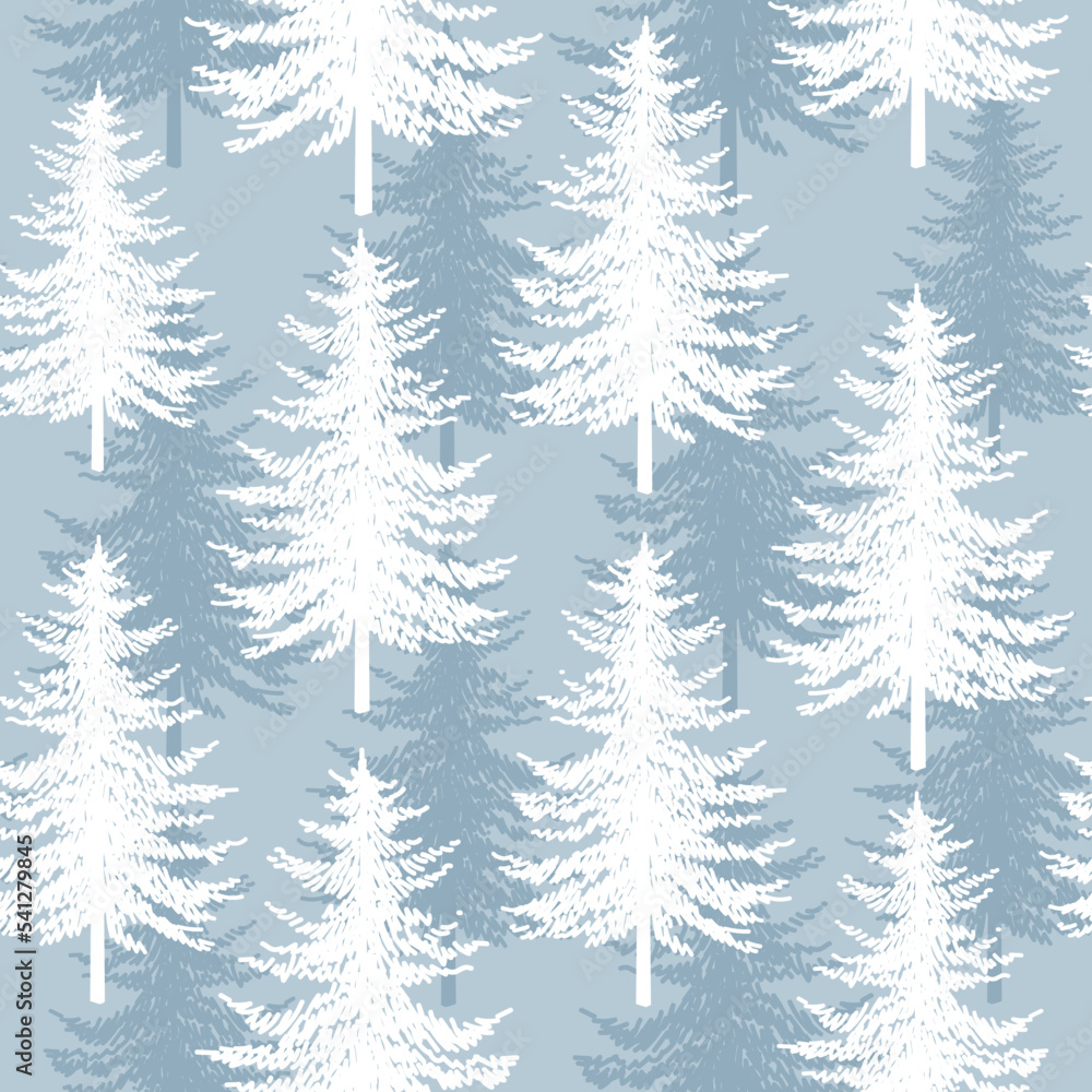 Obraz premium Christmas tree seamless vector pattern. Watercolor Noel firs print, winter frozen pine trees on blue background, wallpaper, wrapping paper design
