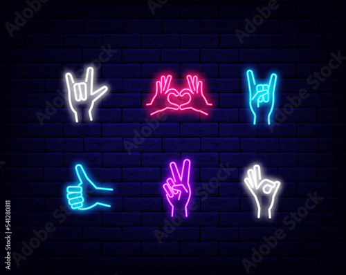 Hand poses neon icons collection. Cool, ok and heart forms. Pop art style. Vector illustration