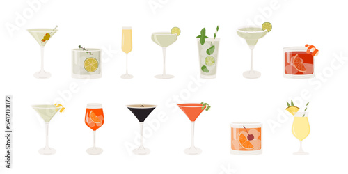 Set of classic cocktails. Different alcoholic drinks in various glasses. Summer aperitif garnish with lime twist, orange slice, olive skewer, cherry. Vector illustration of soft and alcohol beverages.