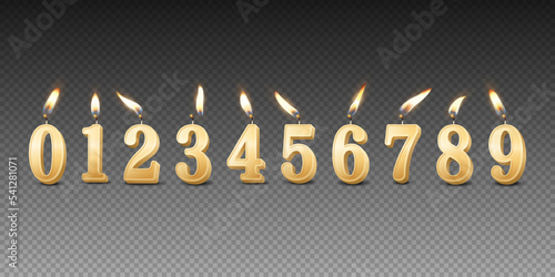 Vector 3d Realistic Paraffin or Wax Burning Golden Birthday Party Candles, Numbers and Different Flame of a Candle Icon Set Isolated. Design Template, Clipart, Birthday Concept