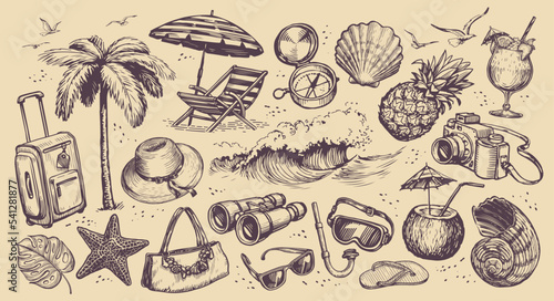 Travel concept. Hand drawn set objects on theme of beach holidays. Journey sketch vintage vector illustration
