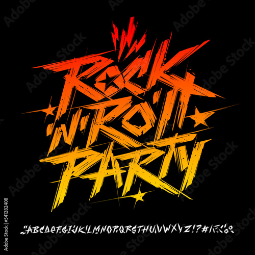Rock'n'roll Party print design grunge style font alphabet - editable vector template. Rock n roll vintage style lettering  design. Grunge style print stump tee and poster design. Rock Music type font
