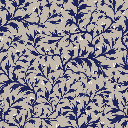 Floral seamless traditional pattern in oriental paisley style. Stylized indian fantasy flowers and branches print. Hand drawn background