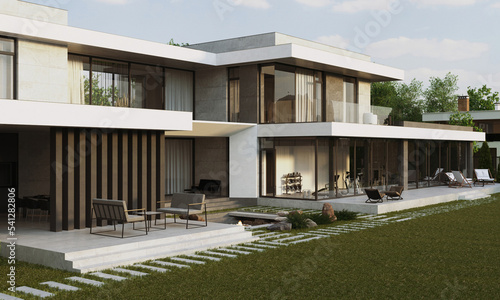 3D visualization of a modern house with a terrace and panoramic windows. Exterior. House with carport and swimming pool