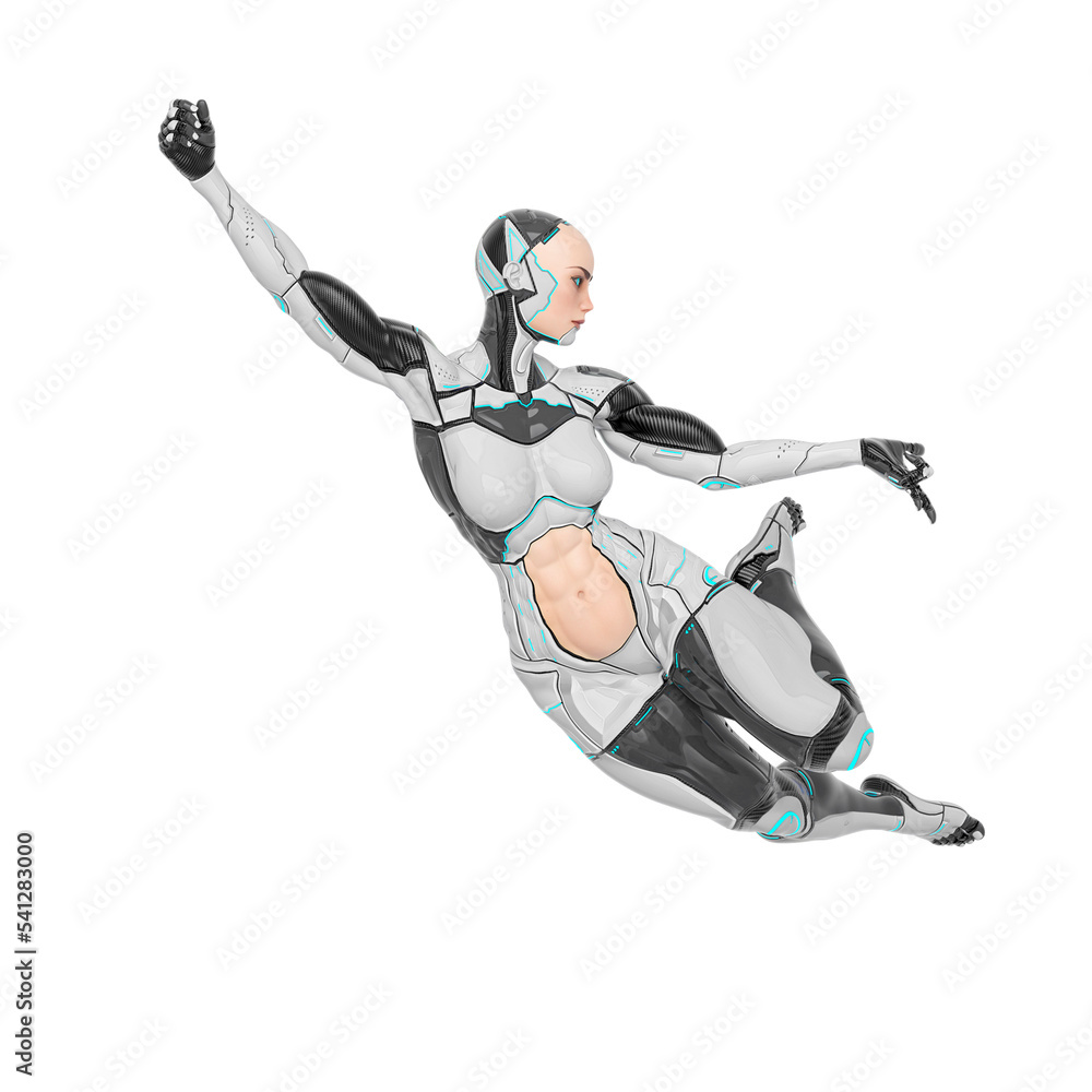 super cyborg girl is doing a swing pose like a comic hero in front view super cyborg girl is doing a swing pose like a comic hero in front view