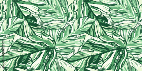 Creative tropical leaves seamless pattern in sketch style. Palm leaf endless floral background.