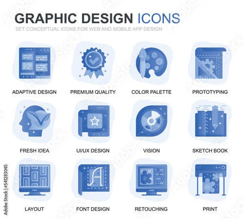 Modern Set Web and Graphic Design Gradient Flat Icons for Website and Mobile Apps. Contains such Icons as Studio, Tools, App Development, Retouching. Conceptual color flat icon. Vector pictogram pack.