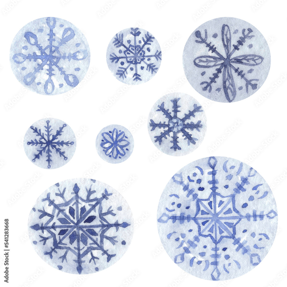 Set of Abstract Watercolor Snowflake Bubbles and Shapes Isolated on White Background. Winter Hand-Drawn Watercolor Illustration for wallpaper, banner, textile, postcard or wrapping paper Set of Abstract Watercolor Snowflake Bubbles and Shapes Isolated on White Background. Winter Hand-Drawn Watercolor Illustration for wallpaper, banner, textile, postcard or wrapping paper