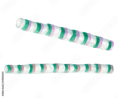 Pair of Peppermint Sticks with Green, Pink and White Stripes. Christmas Sweets. Hand-Drawn Watercolor illustration for wallpaper, banner, textile, postcard or wrapping paper