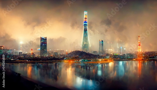 Seoul skyline panorama at night with view of Lotte World. Digital art and Concept digital illustration.