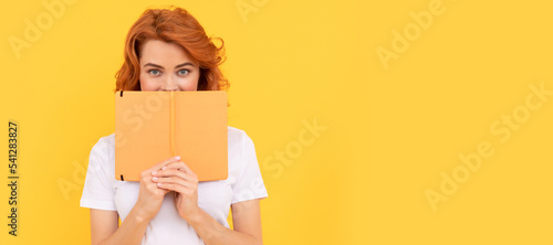 book lover. back to school. education and knowledge. woman reader reading. Woman isolated face portrait, banner with copy space.
