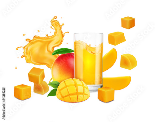 Fresh mango juice with fruit slices, drinking glass, splash of mango beverage advertising. Vector illustration.