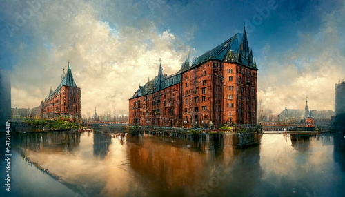 Speicherstadt panorama in Hamburg Germany. Digital art and Concept digital illustration.