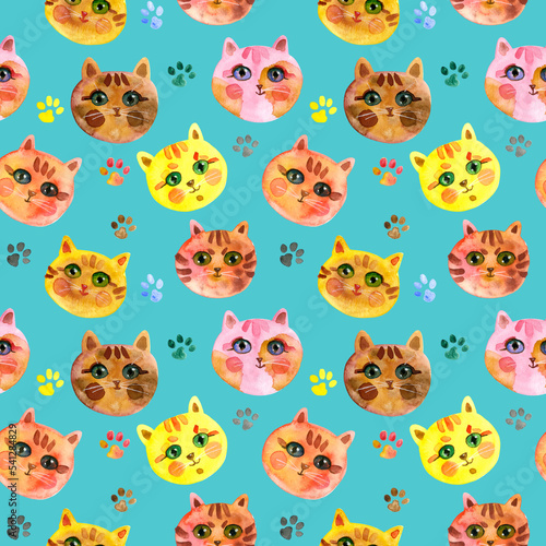 Seamless pattern of Cartoon faces of cats on a turquoise background. Cute Cat muzzle. Watercolour hand drawn illustration. For fabric, sketchbook, wallpaper, wrapping paper.