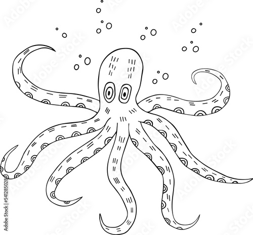 Octopus with bubbles around doodle illustration
