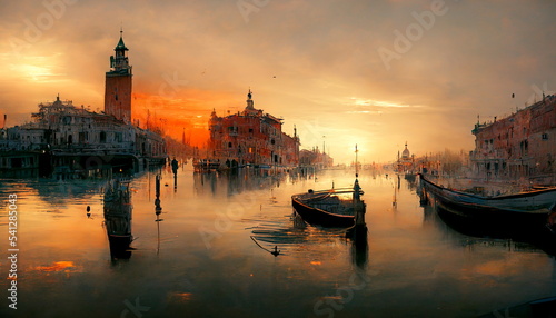 Sunset over the Grand Canal in Venice Italy. Digital art and Concept digital illustration.
