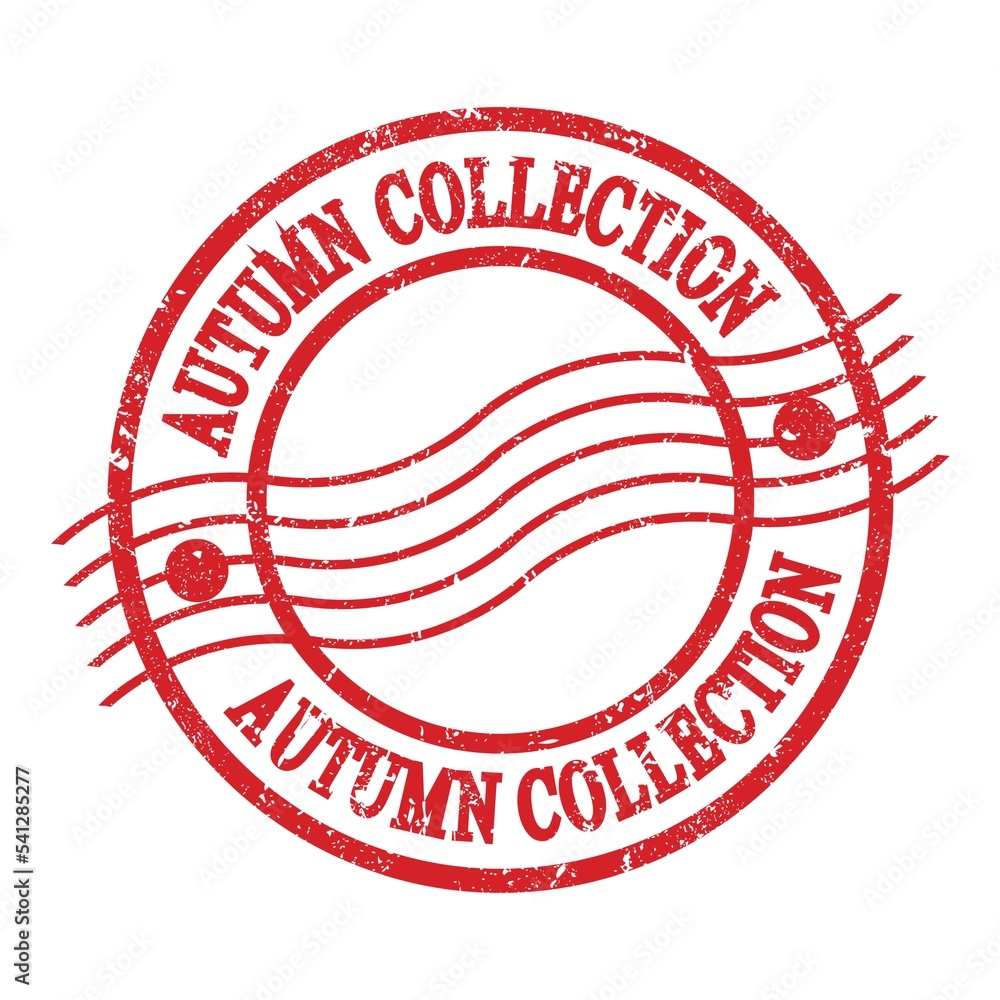 AUTUMN COLLECTION, text written on red postal stamp. AUTUMN COLLECTION, text written on red postal stamp.