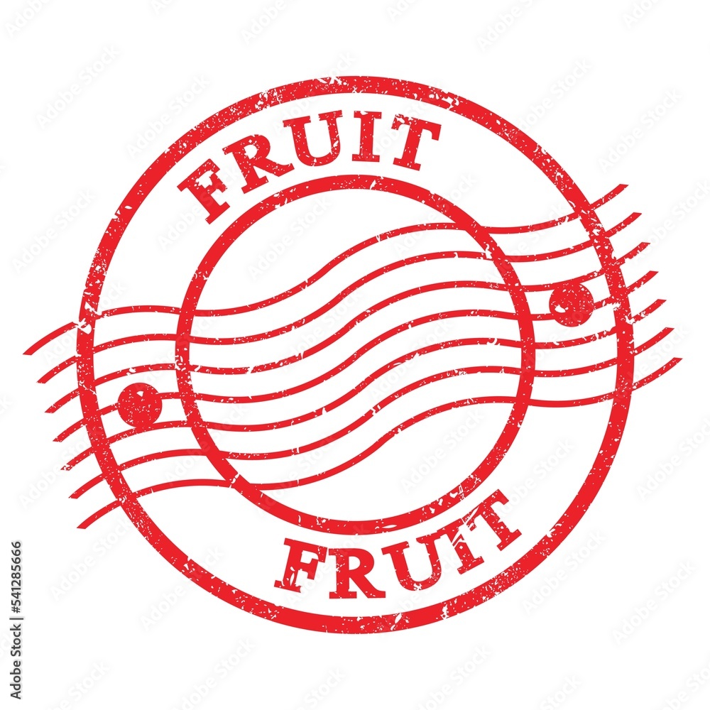 FRUIT, text written on red postal stamp. FRUIT, text written on red postal stamp.
